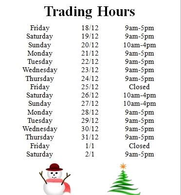 Here's our opening hours for the Christmas/NY period. We'll be open tomorrow between 10am and 4pm.