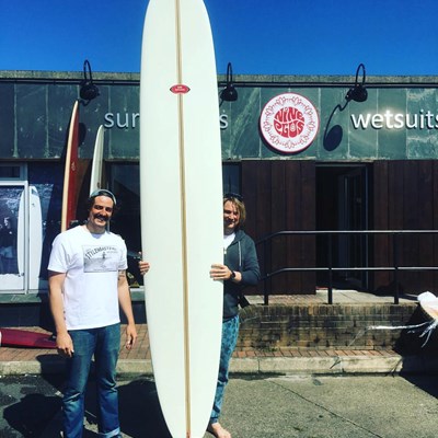 Rob & Charlie | custom 11ft Bing Noserider with full gloss coat resin work | Charlie will take every wave he wants !!! @bingsurfboards