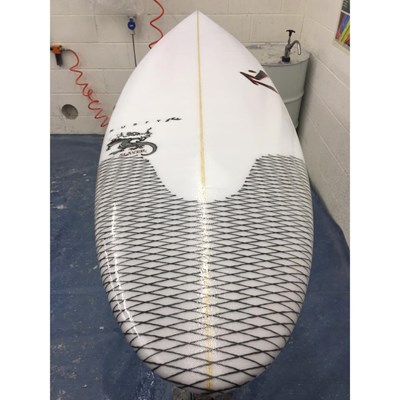 This Rusty Surfboards UK  Slayer looking good in the laminating bay for Glen at Surfed Out surf shop in North Devon.