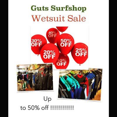 Mega wetsuit sale now on at Guts Surfshop . Up to 50% off !!!!!! Sale runs til end of day Sunday only so don't delay - come on down and grab yourself a bargain!!!!
