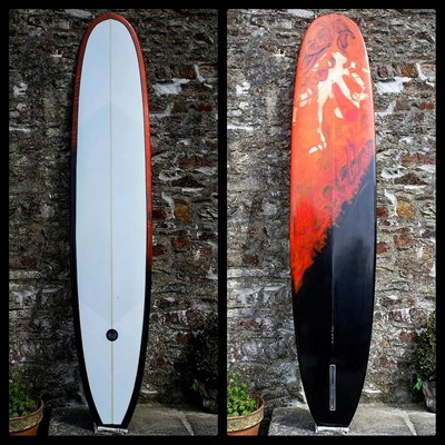 9'6 custom for Mal. Lava resin swirl with large volan effect deck patch. Enjoy.