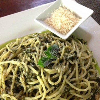 Spaghetti with Homemade true italian Pesto. Daily available at #kermitsiargao restaurant. It's the perfect fresh lunch before a surf session or before party!! Basil is grow locally in Siargao.