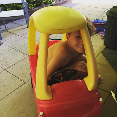 Justyn reckons he still fits in this toy car 😂😂 #kidsgrowuptoofast