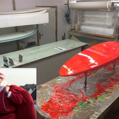 just did a tinted resin red/orange/pink lamination on a windsurf quad with Entropy plantbase Epoxy with Innegrafor Santa Claus Hörnum Sylt....#Jenskrause
